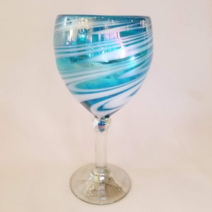 1 Hand Blown Wine Glass - Turquoise/White Iridescent Swirl