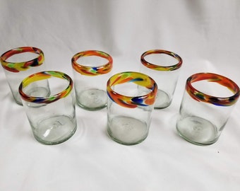 6 Hand Blown Low Ball Tumbler Glasses - Confetti Rim