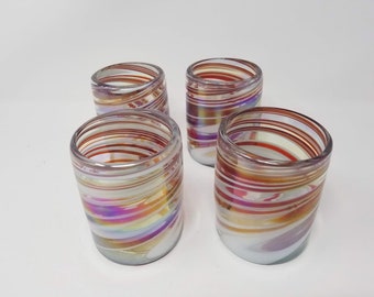 4 Hand Blown Low Ball Tumbler Glasses - Red/White Iridescent Swirl