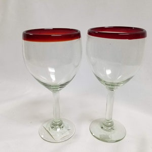 2 Hand Blown Wine Glasses - Red Rim