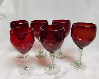 6 Hand Blown Wine Glass - Solid Red