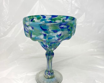 1 Hand Blown Margarita Glass - Aegean Blue Iridescent