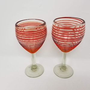 2 Hand Blown Wine Glasses - Red Stripes