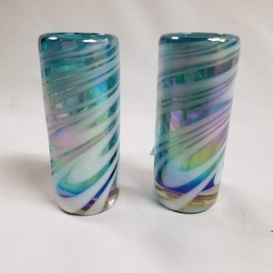 2 Hand Blown Shot Glasses - Turquoise/White Swirl