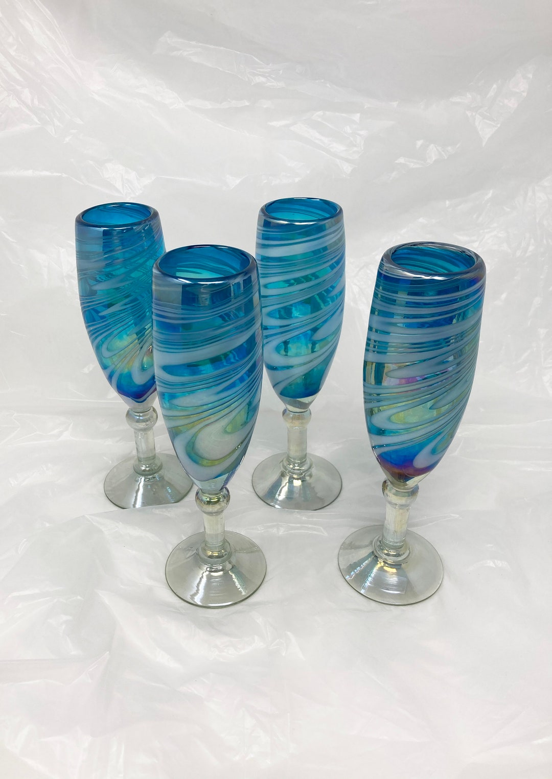 4 Hand Blown Champagne Glasses Turquoise/white Swirl Etsy