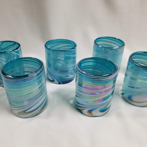 6 Low Ball Tumbler Glasses Turquoise With White Swirls Etsy