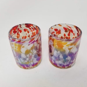 2 Hand Blown Low Ball Tumbler Glasses - Red/White Iridescent Confetti