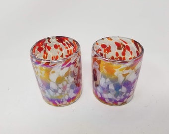 2 Hand Blown Low Ball Tumbler Glasses - Red/White Iridescent Confetti