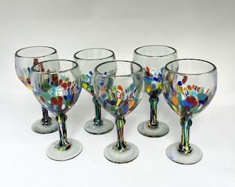 6 Hand Blown Wine Glasses - Confetti Base