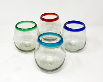 4 Stemless Wine Glasses -  Multi-Colored Rims