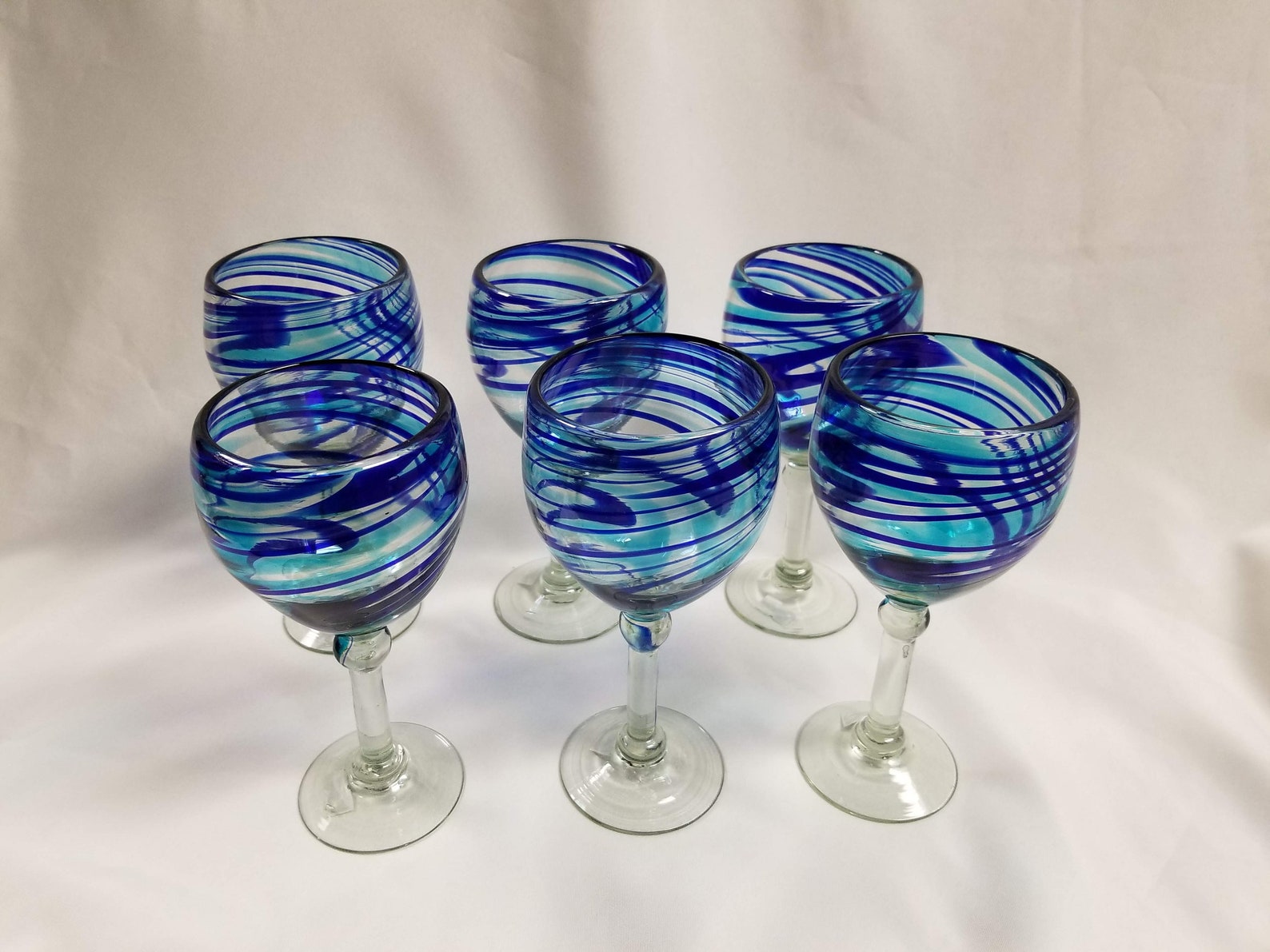 6 Hand Blown Wine Glasses Blue/Turq. Swirl Etsy