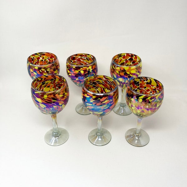 6 Hand Blown Wine Glass - Red/Orange Iridescent Confetti