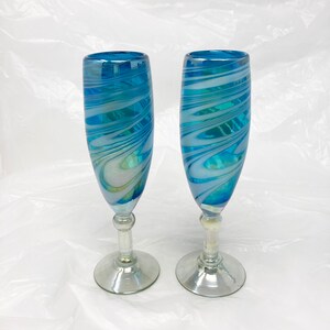 2 Hand Blown Champagne Glasses - Turquoise/White Swirl