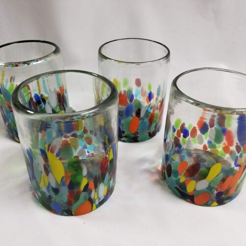 4 Hand Blown Low Ball Tumbler Glasses -  Confetti Base