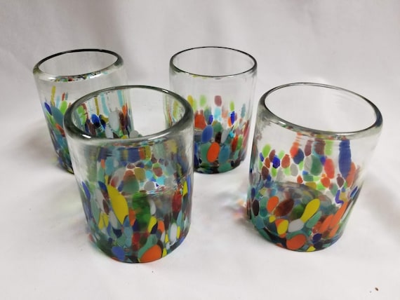 4 Hand Blown Low Ball Tumbler Glasses - Confetti Base