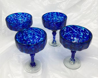 4 Hand Blown Margarita Glasses - Blue Ocean