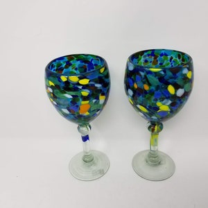 2 Hand Blown Wine Glasses - Turquoise Confetti
