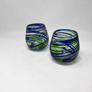 2 Stemless Wine Glasses - Blue / Green Swirl