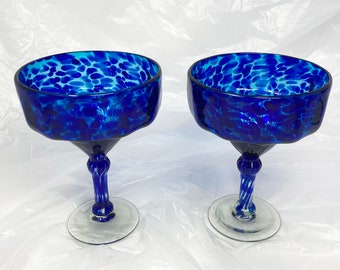 2 Hand Blown Margarita Glasses - Blue Ocean