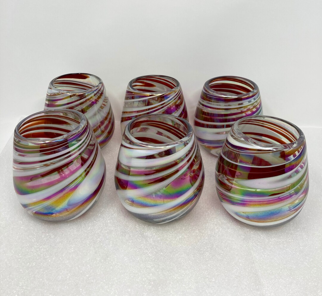6 Stemless Wine Glasses Red/white Iridescent Swirl Etsy