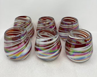 6 Stemless Wine Glasses - Red/White Iridescent Swirl