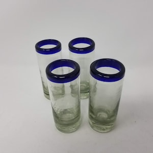 4 Hand Blown Shot Glasses - Cobalt Blue Rim