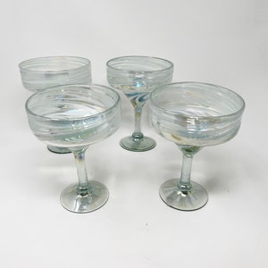 4 Hand Blown Margarita Glasses - White Iridescent Swirl