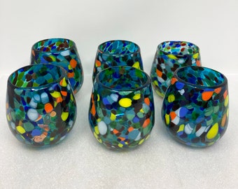 6 Stemless Wine Glasses -  Turquoise Confetti