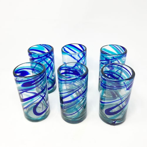 4 Hand Blown Water Glasses Solid Turquoise Etsy