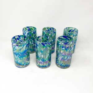 6 Hand Blown Water Glasses - Aegean Blue Iridescent