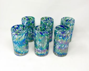 6 Hand Blown Water Glasses - Aegean Blue Iridescent