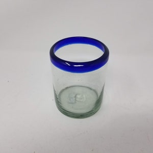 1 Hand Blown Low Ball Glass - Cobalt Blue Rim