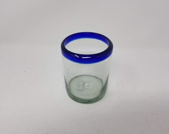 1 Hand Blown Low Ball Glass - Cobalt Blue Rim
