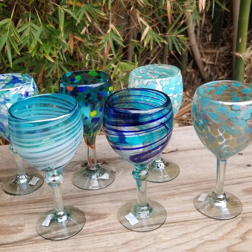 2 Hand Blown Wine Glasses Aegean Green Etsy