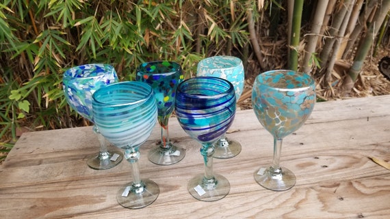 Set of 6 Hand-blown Stemless Wine Glasses Blue Swirl Design 12 Oz