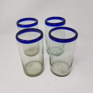 4 Hand Blown Water Glasses - Cobalt Blue Rim