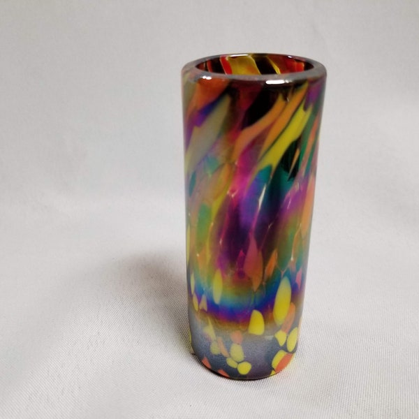 1 Hand Blown Shot Glass - Red/Orange Iridescent Confetti