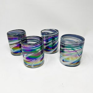 4 Low Ball Tumbler Glasses - Purple/White Iridescent Swirl