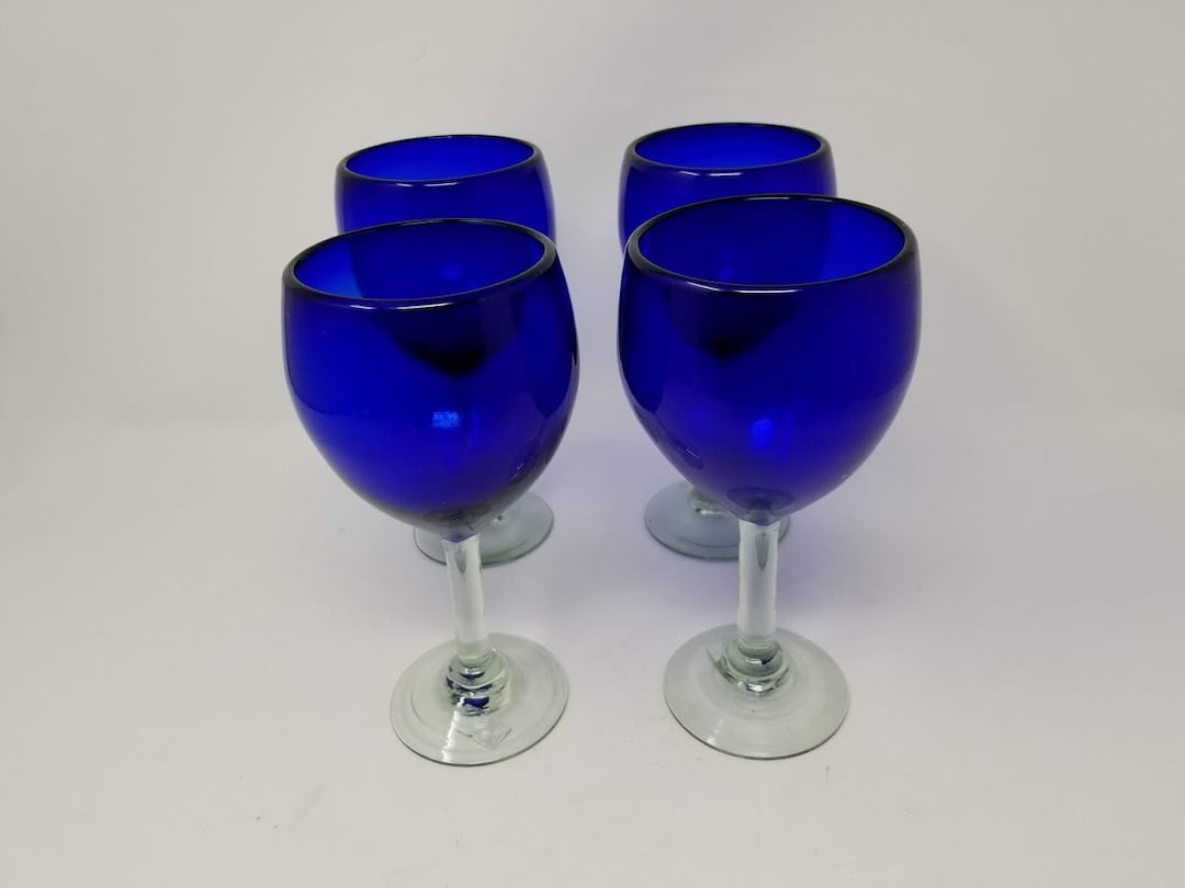 4 手吹きワイングラス - コバルトブルー - Etsy 日本