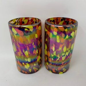 2 Hand Blown Water Glasses - Red/Orange Iridescent Confetti