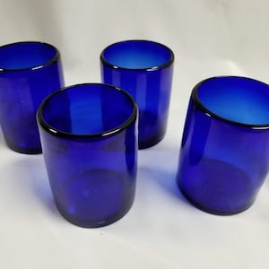 4 Hand Blown Low Ball Tumbler Glasses -  Cobalt Blue