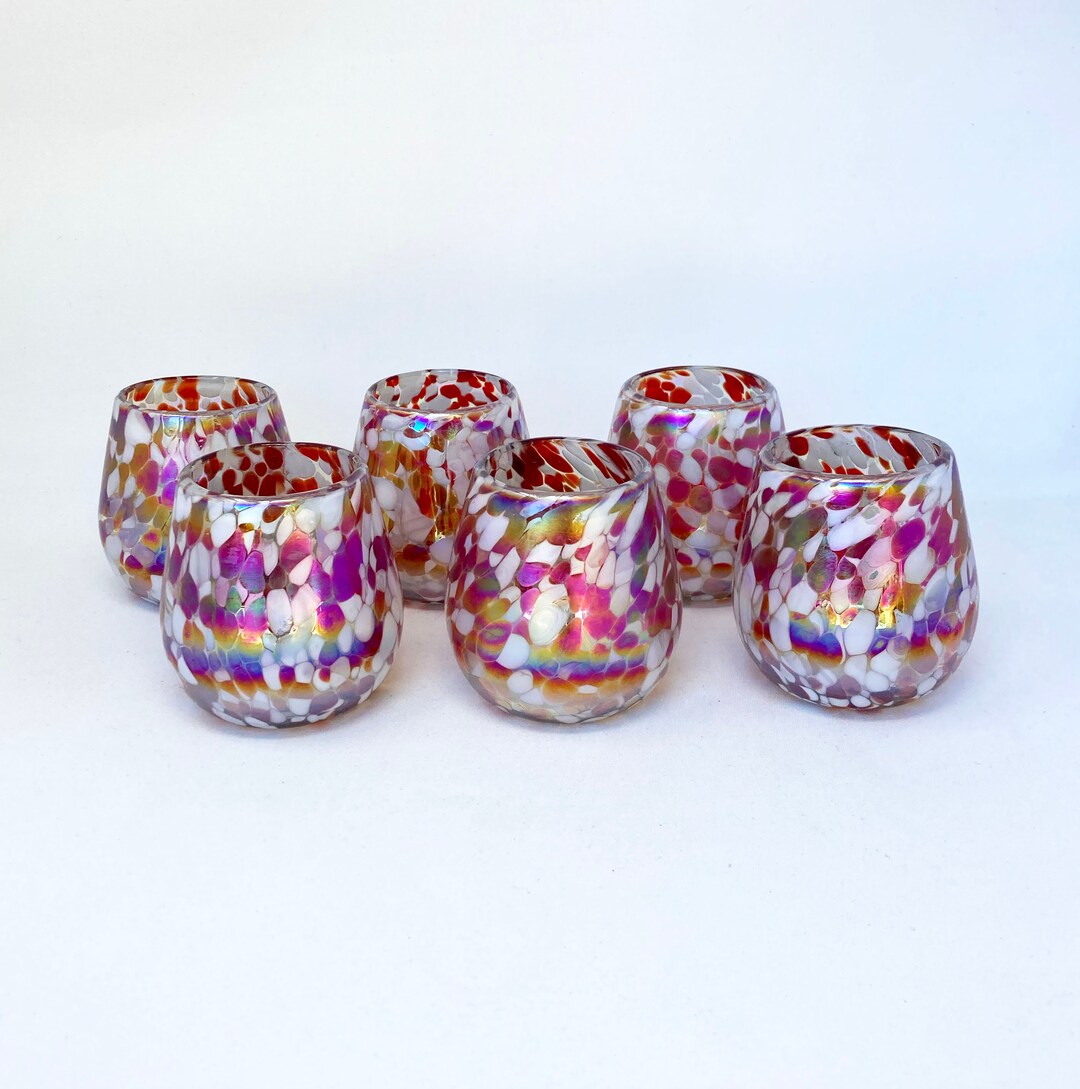6 Stemless Wine Glasses Red/white Iridescent Confetti Etsy