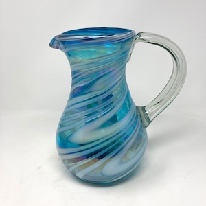 80 oz Hand Blown Glass Pitcher - HG Turquoise and White Swirl