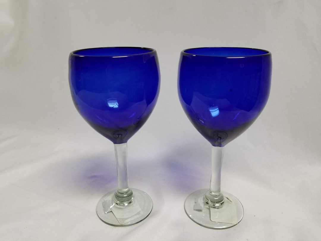 2 Hand Blown Wine Glasses Cobalt Blue Etsy