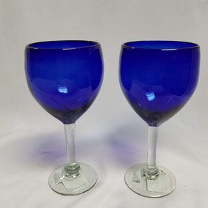 2 Hand Blown Wine Glasses - Cobalt Blue