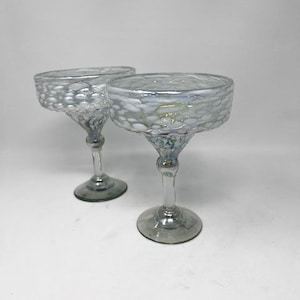 2 Hand Blown Margarita Glasses - White Graniti