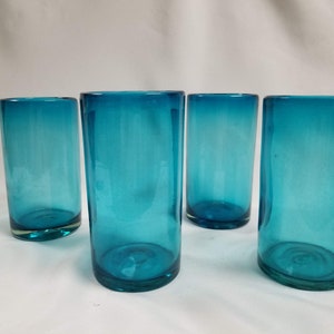 4 Hand Blown Water Glasses Solid Turquoise