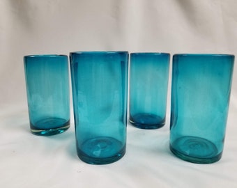 4 Hand Blown Water Glasses Solid Turquoise