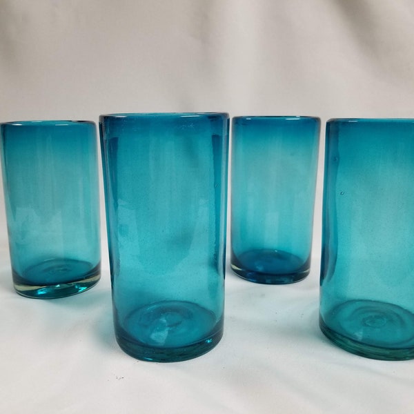 4 Hand Blown Water Glasses Solid Turquoise