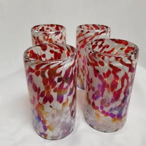 4 Hand Blown Water Glasses - Red/White Iridescent Confetti